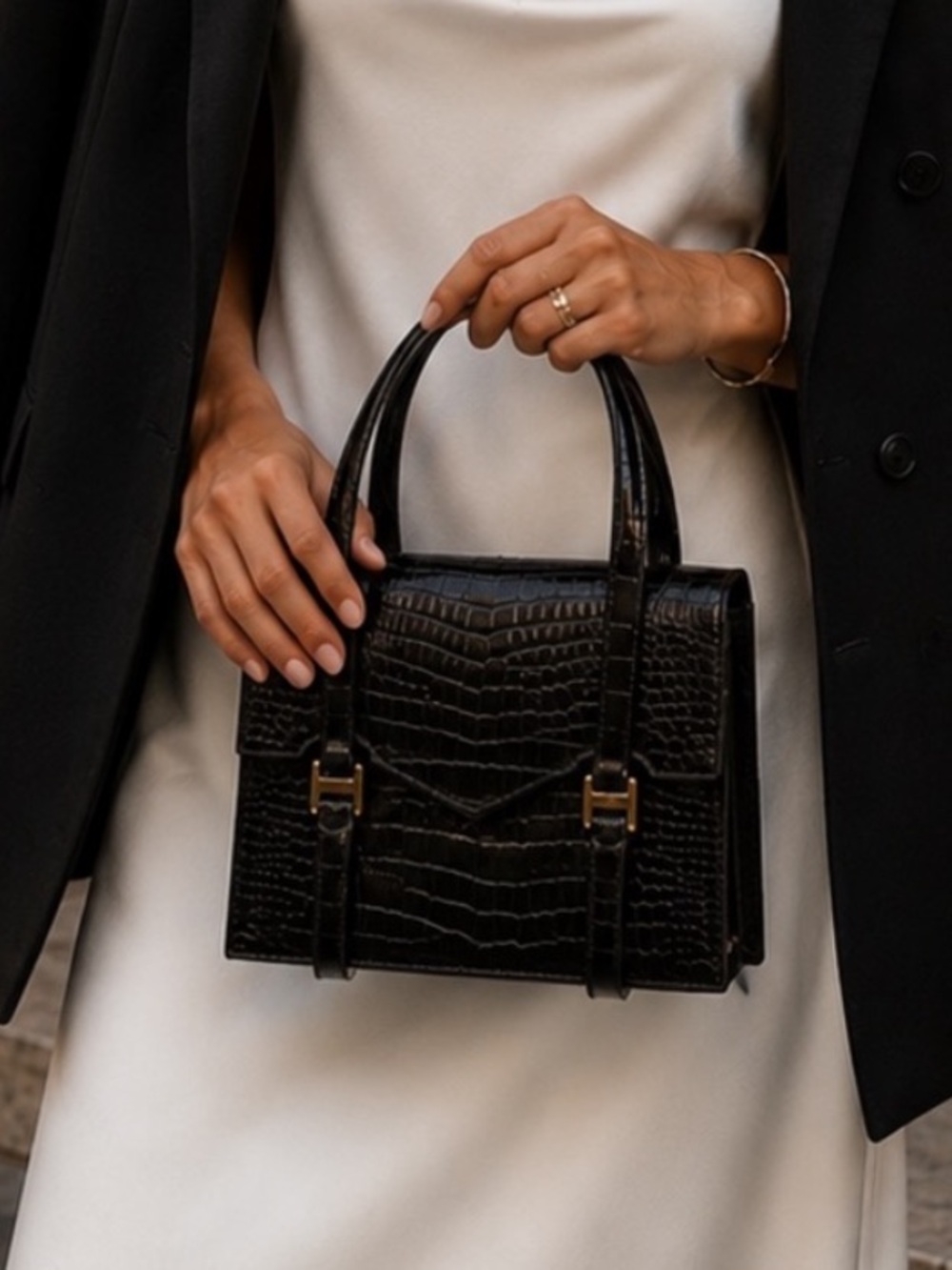 Vintage Henri Bendel Black Croc Embossed Structured Satchel | Gold Hardware